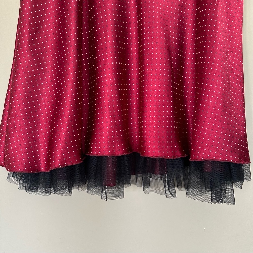Vintage Junior 9 Satin Maroon Skirt Tulle Ruffle Whimsigoth Red Polkadot Y2K Red - Picture 11 of 11